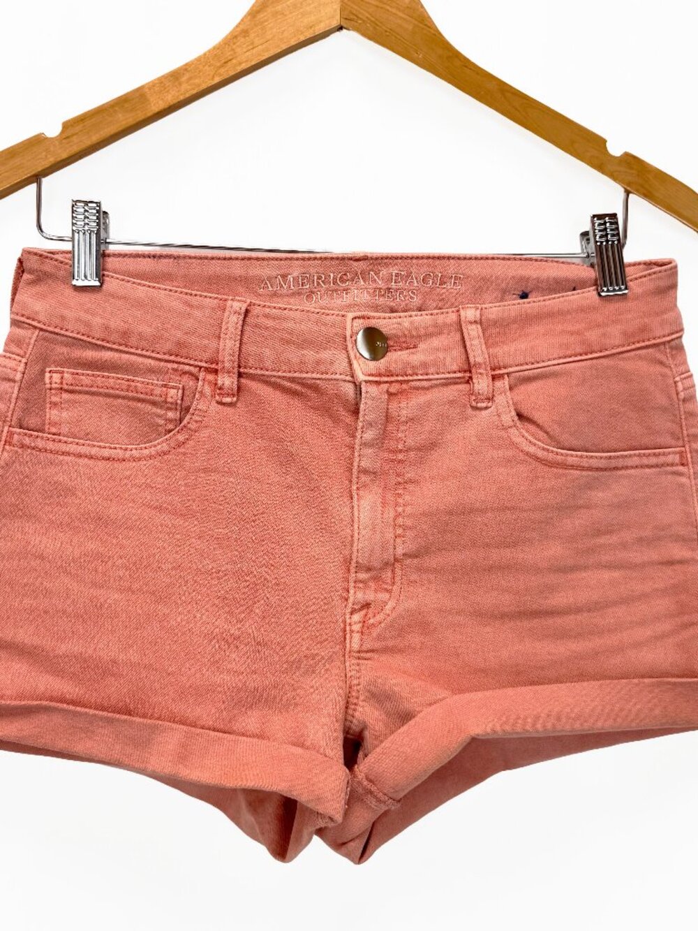 American Eagle Coral Pink Denim Shorts Womens 8 Cuffed Stretch Hi-Rise Shorts